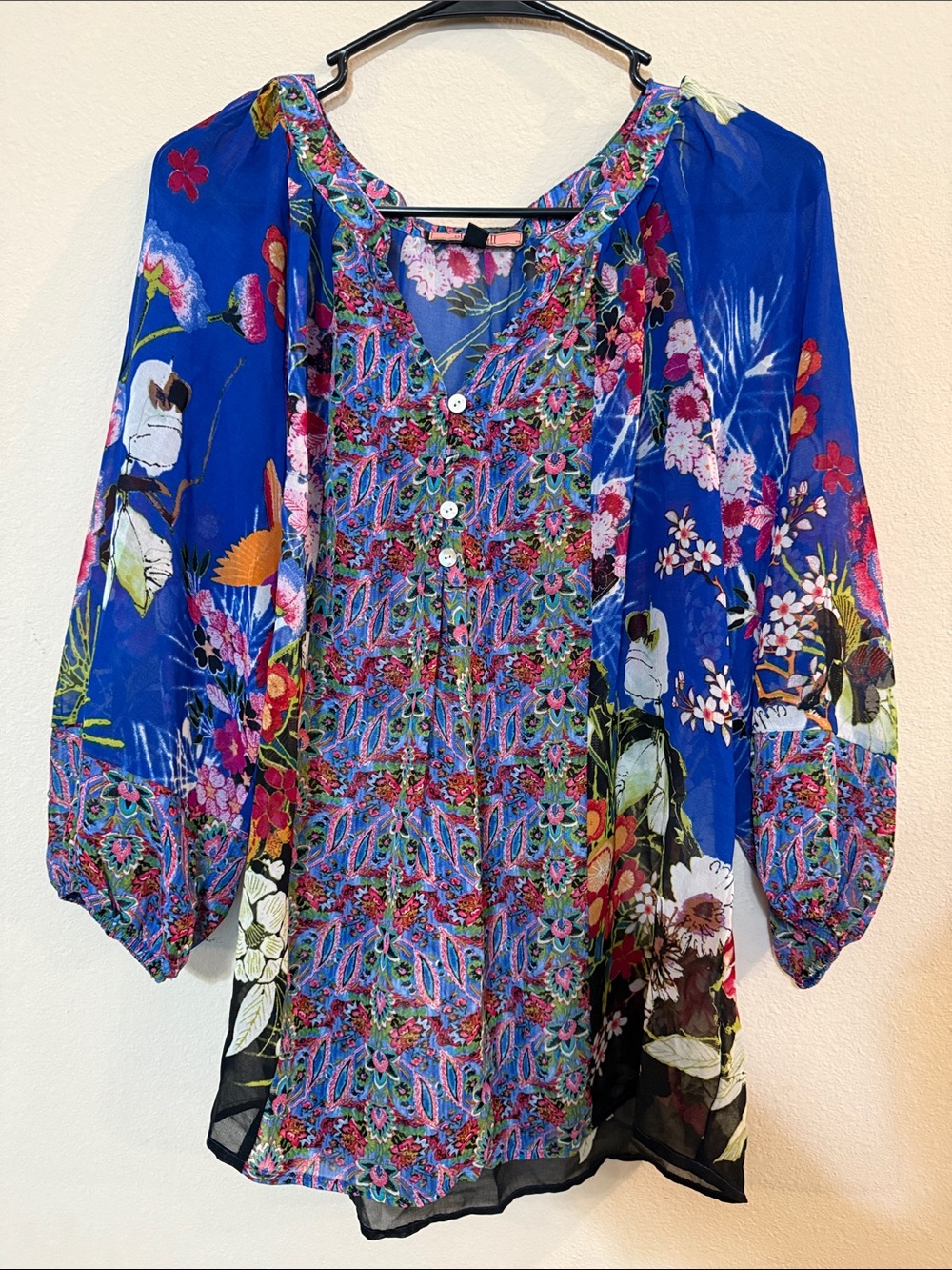 Bohemian Floral Split-Neck Blouse in Bright Blue